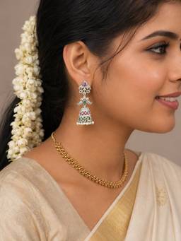 Opal Touch - Rhodium Plated Floral Motif And Pearl Drops Designer Jhumka Pattern Earrings