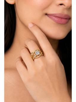 Opal Touch - Gold Plated Round Centre Stone And Baguette Stone Work Statement Ring