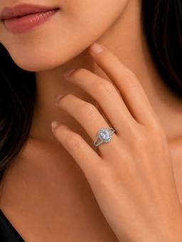 Opal Touch - Rhodium Plated American Diamond With Oval Centre Stone And Halo Ring