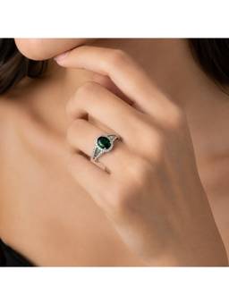 Opal Touch - Rhodium Plated American Diamond With Oval Centre Stone And Halo Ring