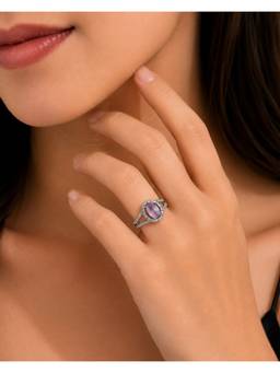 Opal Touch - Rhodium Plated American Diamond With Oval Centre Stone And Halo Ring