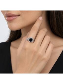 Opal Touch - Rhodium Plated American Diamond With Oval Centre Stone And Halo Ring