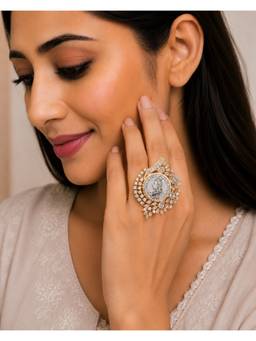 Opal Touch - Gold Plated Victorian Coin Pattern American Diamond Statement Ring