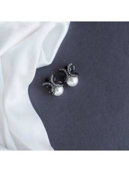 Opal Touch - Black Plated Bow Design American Diamond Pearl Stud Earrings
