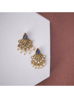Opal Touch - Mehendi Plated American Diamond Pearl Fan Earrings
