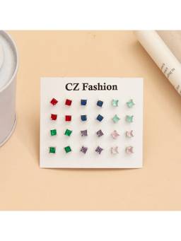Opal Touch - Square Shaped Traditional Rhodium Plated Stud Earrings (Pack Of 12)