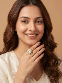 PAYA - Geo Pearls Square Kundan Meenakari Ring