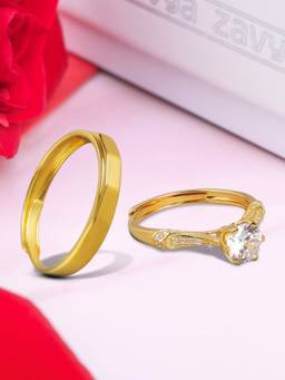 Zavya - Eternal Flames Solitaire Love Gold-Plated 925 Sterling Silver Couple Ring (Pack Of 2)