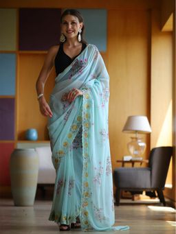 Odette - Blue Georgette Printed Saree with Unstitched Blouse