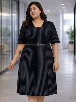 Martini - Blue White Stripe Plus Size Formal Dress With Belt