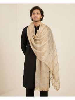 MUFFLY - Men Elegant Net Twill Pattern with Embellished Scalloped Border Cream Dupatta