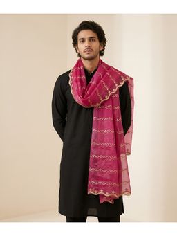 MUFFLY - Men Elegant Net Twill Pattern with Embellished Scalloped Border Pink Dupatta