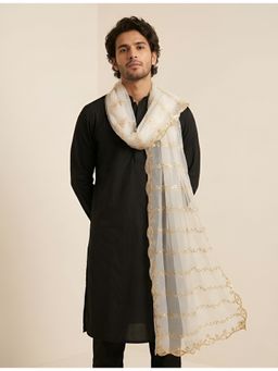 MUFFLY - Men Elegant Net Twill Pattern with Embellished Scalloped Border White Dupatta