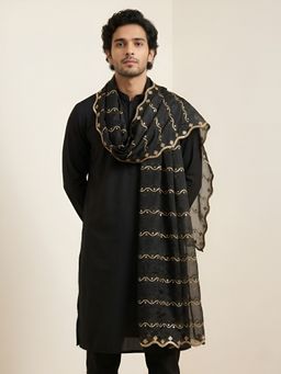 MUFFLY - Men Elegant Net Twill Pattern with Embellished Scalloped Border Black Dupatta