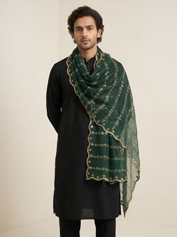 MUFFLY - Men Elegant Net Twill Pattern Bottle with Embellished Scalloped Border Green Dupatta