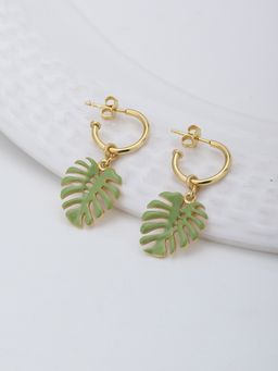 Carlton London - Gold-Toned and Green Leaf Shaped Half Hoop Earrings