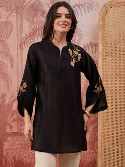 First Resort by Ramola Bachchan - Women Black Tulip Embroidered Short Kurti