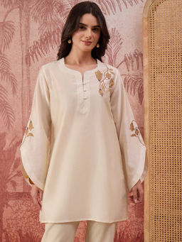 First Resort by Ramola Bachchan - Women Cream Tulip Embroidered Short Kurti