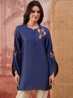First Resort by Ramola Bachchan - Navy Blue Tulip Embroidered Short Kurti