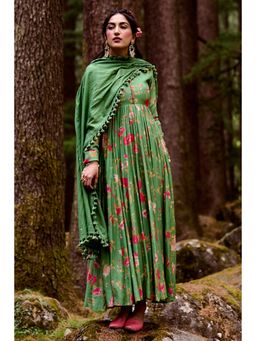 Paulmi & Harsh - Kendal Women Cotton Silk Floral Green Anarkali With Pant And Dupatta