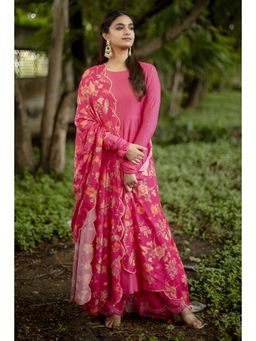 Paulmi & Harsh - Keerthy Women Cotton Silk Floral Pink Anarkali With Pant And Dupatta