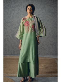Paulmi & Harsh - Shiro Women Chiniya Silk Embroidered Green Kurta With Pant And Scarf