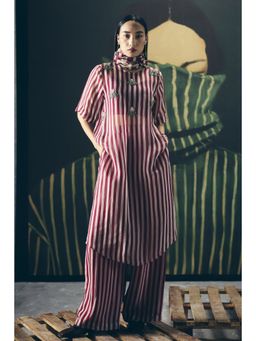 Paulmi & Harsh - Puka Women Organza Stripes Maroon Kurta With Pant And Bustier