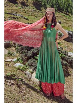 Paulmi & Harsh - Delia Women Silk Checks Green Anarkali With Pant And Dupatta