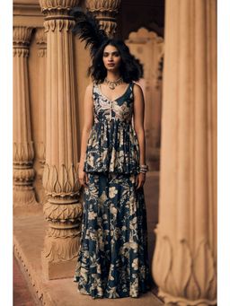 Paulmi & Harsh - Eve Women Chiniya Silk Printed Navy Blue Top And Palazzo