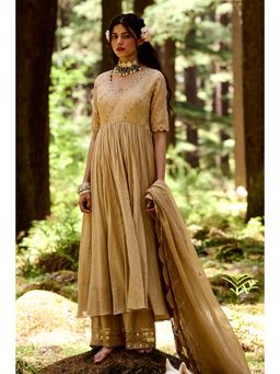 Paulmi & Harsh - Jehan Women Chanderi Solid Beige Anarkali With Pant And Dupatta