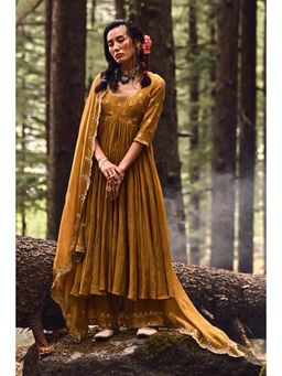 Paulmi & Harsh - Larissa Women Chanderi Solid Brown Anarkali With Pant And Dupatta