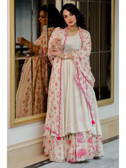 Paulmi & Harsh - Nadira Women Cotton Silk Solid Off White Anarkali With Pant And Dupatta