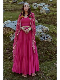 Paulmi & Harsh - Phoebe Women Georgette Solid Pink Anarkali And Dupatta And Belt