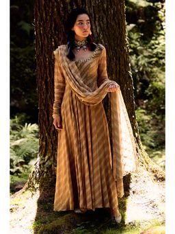 Paulmi & Harsh - Sadie Women Cotton Silk Stripes Beige Anarkali And Dupatta
