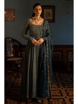 Paulmi & Harsh - Shirley Women Cotton Silk Stripes Navy Blue Anarkali And Dupatta