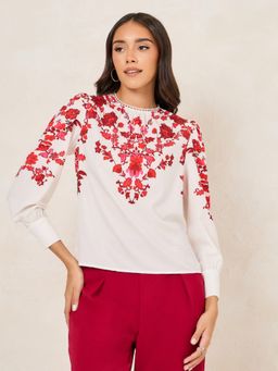 Styli - Women Off White Floral Printed Round Neck Puff Sleeves Regular Fit Top