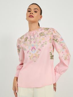 Styli - Women Pink Floral Printed Round Neck Long Puff Sleeves Regular Fit Top