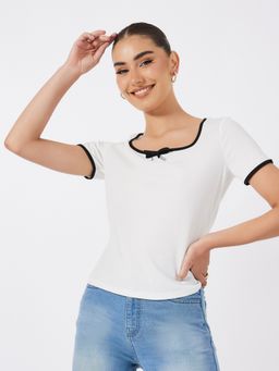 Styli - Women Off White Solid Square Neck Short Sleeves Regular Fit Top