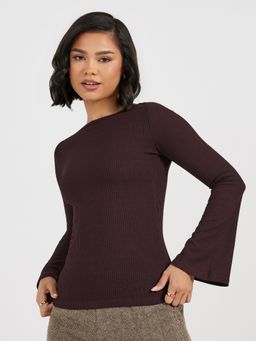 Styli - Women Brown Solid High Neck Flared Sleeves Fitted Top