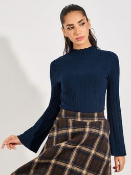 Styli - Women Navy Blue Ribbed High Neck Flared Sleeves Slim Fit Top