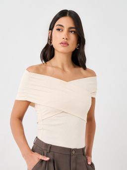 Styli - Women Cream Off-Shoulder Wrap Style Fitted Knit Top