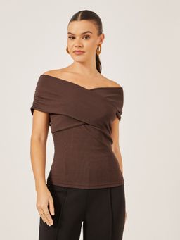 Styli - Women Brown Off-Shoulder Wrap Style Fitted Knit Top