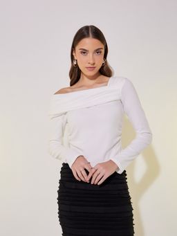 Styli - Women White Draped Asymmetric Neck Crop Knit Top