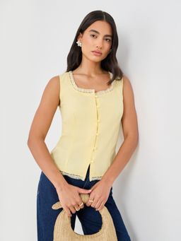 Styli - Women Yellow Solid Lace Trim Square Neck Sleeveless Buttoned Top