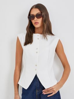 Styli - Women White Solid Crew Neck Sleeveless Regular Fit Waist Coat