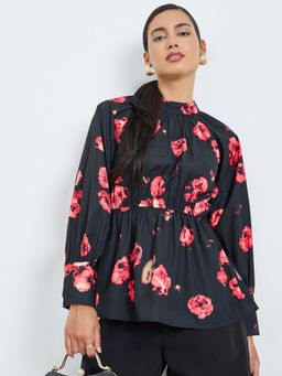 Styli - Women Black Regular Fit High Neck Floral Printed Blouse