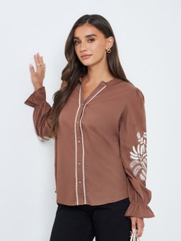 Styli - Women Embroidered Mandarin Neck Long Cuffed Sleeve Cotton Top