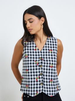 Styli - Women Black Gingham Embroidered V-Neck Sleeveless Regular Fit Waist Coat