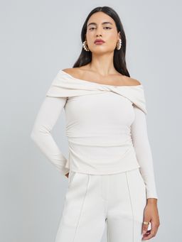 Styli - Women Beige Off-Shoulder Twisted Front Knit Top