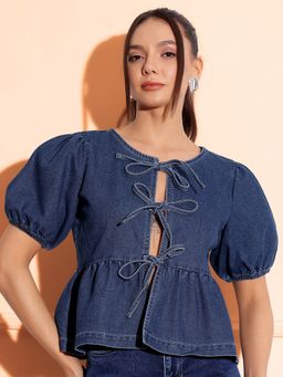 Miss Chase - Womens Dark Blue Round Neck Puff Sleeve Solid Denim Peplum Top